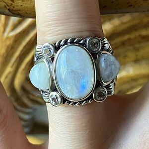 Natural Rainbow Moonstone White Topaz Sterling Silver Ring Size 7